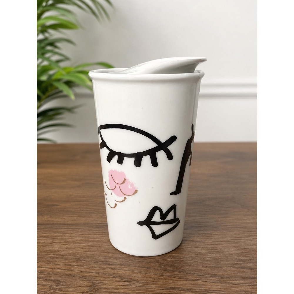 Starbucks Ceramic Travel Tumbler Abstract Art Face White Gold 12oz Mug with Lid